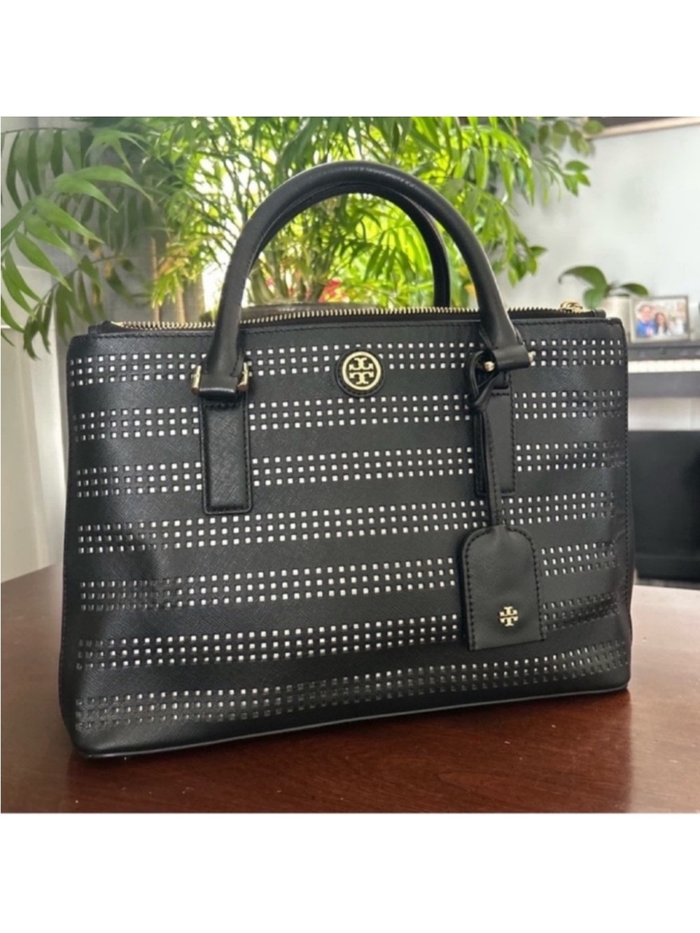 Tory Burch Black Perforated Leather Tote with Gold Logo